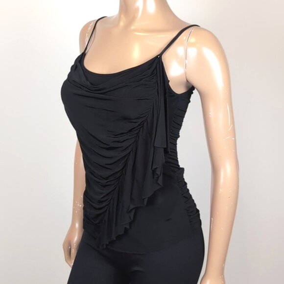 Guess Ruffled Cami Tank Top Black Ruched Asymmetric Party Cowl Neck Size XS - Picture 6 of 12